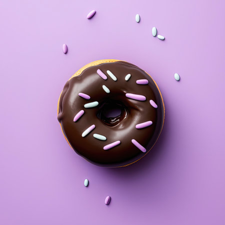 Chocolate donut on bright colorful background. Top view, flatlayの写真素材