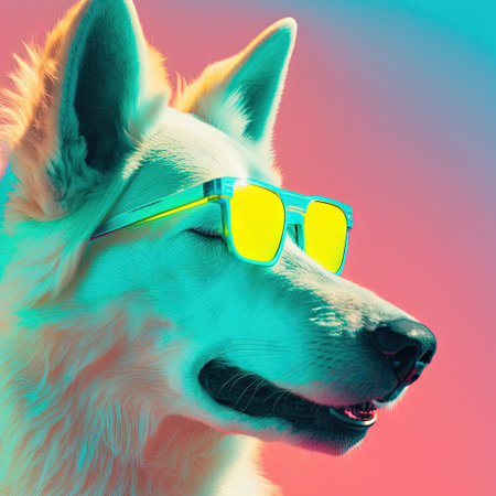 White party wolf in sunglasses. Pop art style in neon colorsの写真素材