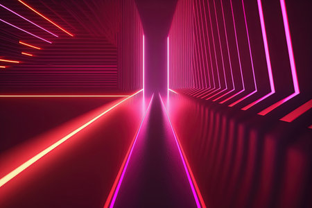 Wall with red and pink neon led light futuristic shapes on dark background. Abstract background with glow. 3Dの写真素材