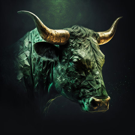 Green bull head on black background. Market, crypto currency or stocks trading, financial and business conceptの写真素材