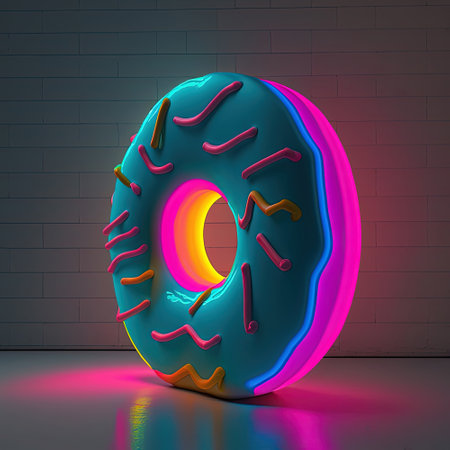 Neon donut on colorful background. Doughnut day concept. Side view. AIの写真素材