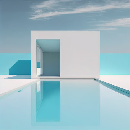 Minimal luxury design with white building and water, low angle view, clear blue summer sky. Outdoor estate construction of residential building. Modern beach house with outdoor terrace and private swimming pool. AIの素材