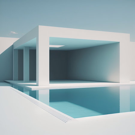 Minimal luxury design with white building and water, low angle view, clear blue summer sky. Outdoor estate construction of residential building. Modern beach house with outdoor terrace and private swimming pool. AIの素材
