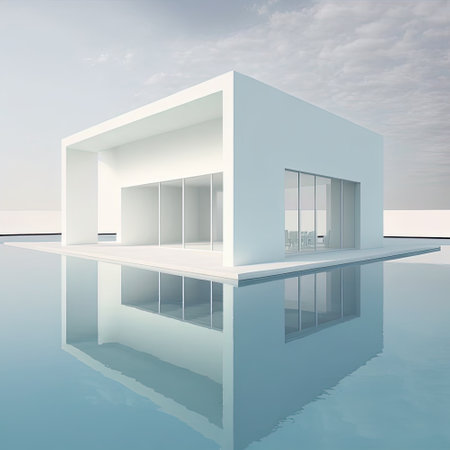 Minimal luxury design with white building and water, low angle view, clear blue summer sky. Outdoor estate construction of residential building. Modern beach house with outdoor terrace and private swimming pool. AIの素材
