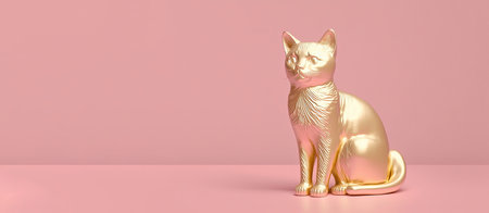 Gold cat statue on pink background, copy space. Pop art creative bannerの素材
