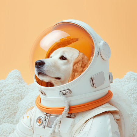 Dog astronaut in space suit. Abstract space pet portrait in pop art style. AIの素材
