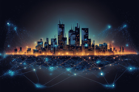 Smart city and connected dot points and lines design. Internet of Things, information communication network and big data connection technology concept. Generative AIの素材