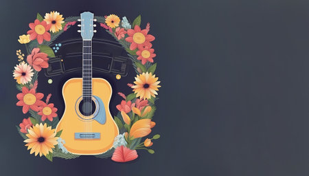 Country music festival poster with acoustic guitar and wild flowers on black background with copy space. Floral illustration with for music eventの写真素材