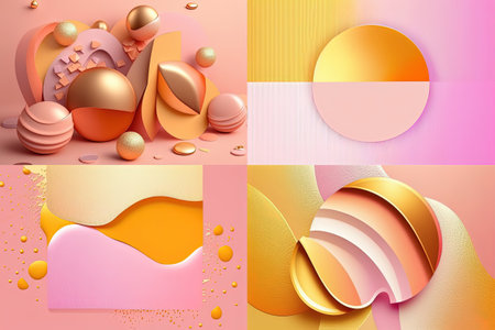 Abstract samples of design with gold, yellow, pink geometric shapes. Creative colorful web banner....