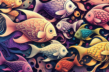 Colorful fish background. Shoal of fish pattern. Pop style modern artの写真素材