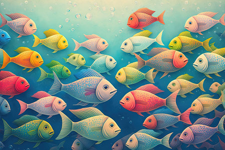 Colorful fish background. Shoal of fish pattern. Pop style modern artの写真素材