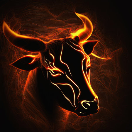 Red fire bull head on black background. Market, crypto currency or stocks trading, financial and business conceptの写真素材