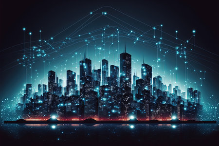 Smart city and connected dot points and lines design. Internet of Things, information communication network and big data connection technology concept. Generative AIの素材