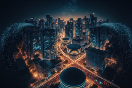 Night view of smart city and dot points design. Internet of Things, information communication network and big data connection technology concept. Generative AIの素材