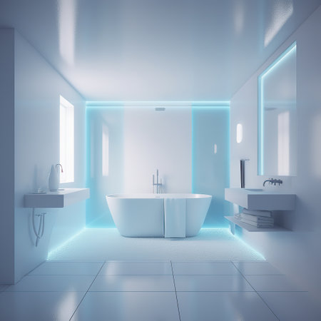 Minimal luxury white bathroom with blue led light. Stone floor, marble tile wall and modern big white bathtub. Generative AIの素材