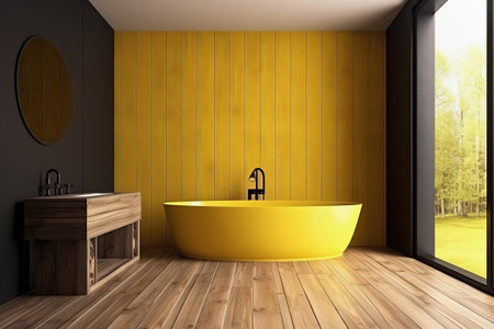 Minimal luxury bathroom with window. Wood floor and wall and modern big yellow bathtub. Generative AIの素材