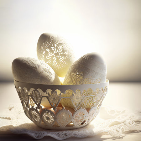 Handmade Easter eggs with white lace floral design on table next to window. Trendy light and shadow. AIの素材