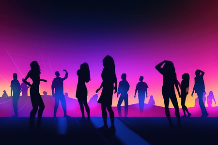 Silhouette of people raise hand up in concert or music festival in city, crowd of fans, rock concert. AIの素材