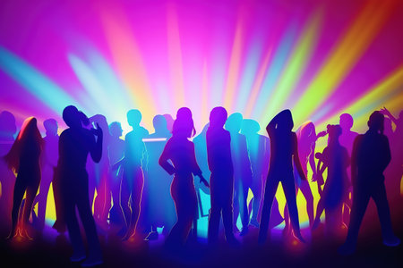 Silhouette of people raise hand up in concert or music festival in city, crowd of fans, rock concert. AIの素材
