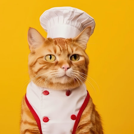 Culinary cat dressed in chef uniform, complete with toque hat. Adorable feline Illustration. Generative AIの素材