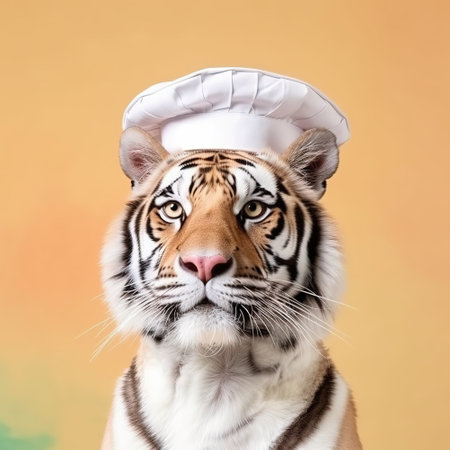 Tiger dressed in chef uniform, complete with toque hat. Generative AIの素材