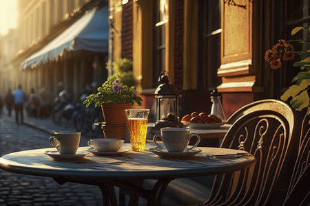 Freshly brewed coffee and delicious breakfast spread on table, peaceful morning view street cafe in Europe in background. Charming atmosphere of cafe in spring or summer season. Generative AIの素材