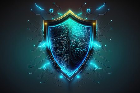 Neon data with security shield on dark background. Concept of protection technology, cyber sefety, encryption, privacy, digital cybersecurity. Generative AIの素材