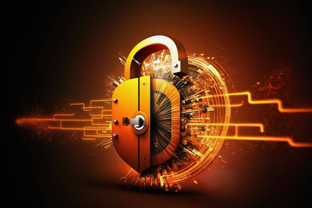 Open padlock on data cloud, cyber attack, abstract hi speed internet technology background. Cybersecurity concept. Generative AIの素材