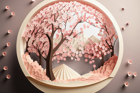 Paper cut spring floral background with blooming cherry blossom tree in circle on pink pastel background. Creative spring design for cards. Generative AIの素材