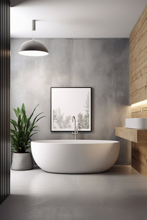 Minimal luxury bathroom interior. Wood wall, concrete tile on floor and modern big gray bathtub. Generative AIの素材