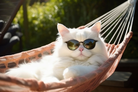 White cat in sunglasses in hammock in garden during summer day. Generative AIの素材
