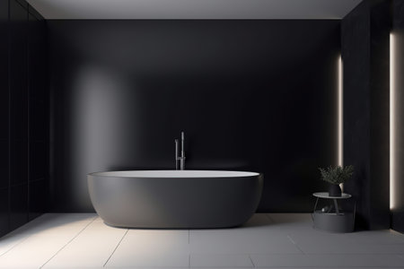 Minimal luxury bathroom with window. Stone floor, concrete tile wall and modern big matte black bathtub. AIの素材