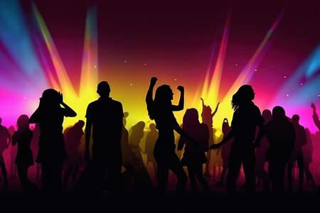 Silhouette of people raise hand up in concert or music festival in city, crowd of fans, rock concert. AIの素材