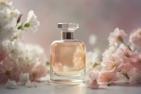 Perfume bottle with delicate cherry blossom and copy space. Generative AIの素材