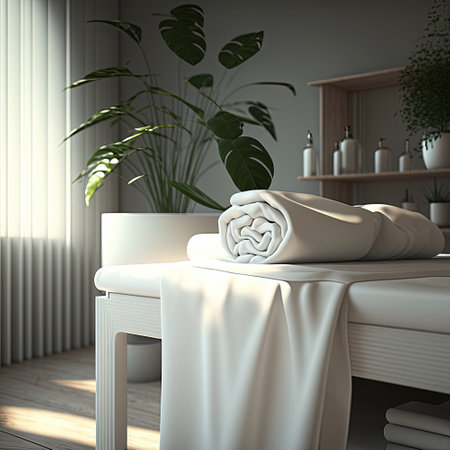 Rolled white towels on massage table in empty salon. Interior of aesthetic clinic, modern cabinet of physiotherapist. Room with plants in wellness center. Generative AIの素材