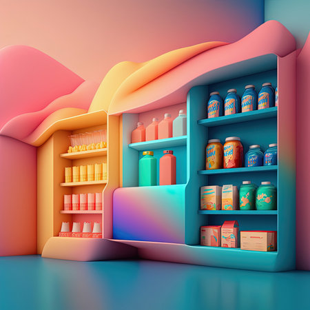 Display shelves with products on colorful neon gradient background. Generative AIの素材