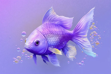 Purple fish with bubbles on monochrome background. Pop art modern style. Generative AIの素材