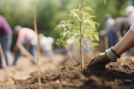 Person planting trees or working in community garden, closeup on plant, blurred background with other people. Generative AIの素材