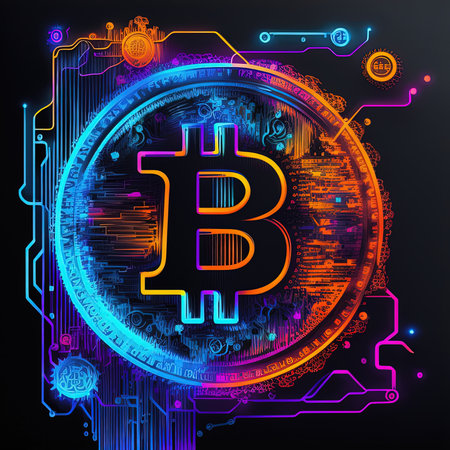 Bitcoin in neon colors on black background. Stylized and abstract representation of the cryptocurrency. Generaive AIの素材