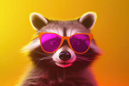 Party raccoon in sunglasses on colorful background. Pop art style in neon colors. Generative AIの素材