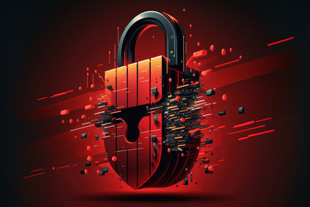 Cyber attack, abstract hi speed internet technology red background with broken padlock. Cybersecurity concept. Generative AIの素材