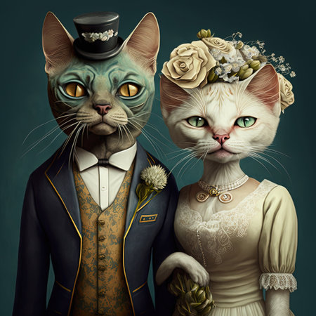 Cat bride and groom in top hat and coat. Lovely couple. Two cute animals. Generative AIの写真素材