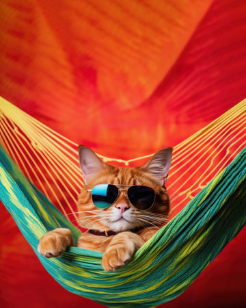 Cat wearing sunglasses relaxing in hammock among lush tropical foliage during summer day, copy space. Generative AIの素材