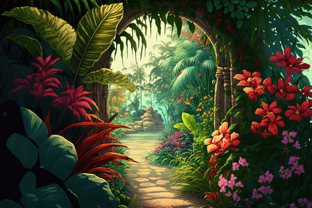 Beautiful secret garden with flowers, arch and secret path. Tropical paradise forest with colorful vegetation. Generative AIの素材