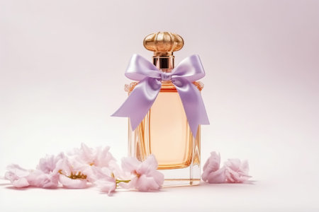 Perfume bottle with delicate cherry blossom and copy space. Generative AIの素材