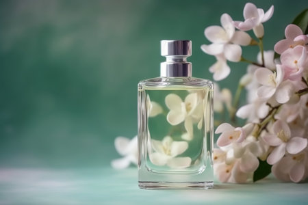 Perfume bottle with delicate jasmine flowers and copy space. Generative AIの素材