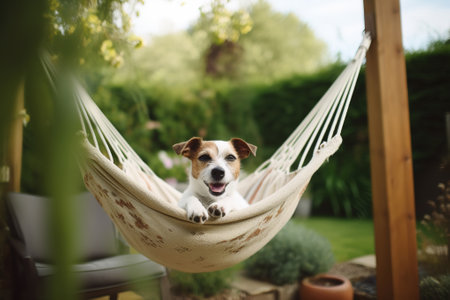 Jack russell terrier dog in hammock in garden during summer day. Generative AIの素材