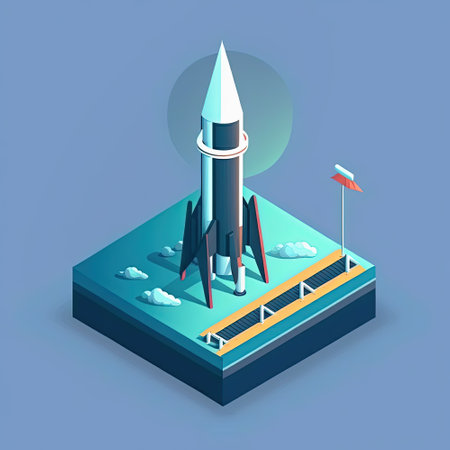 Cartoon isometric space rocket ready to launch on blue background, Generative AIの素材