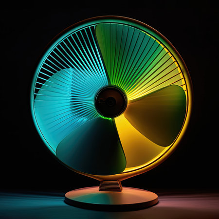 Modern electric table fan spinning, blades whirring arround, closeup, green and yellow on black background. Generative AIの素材