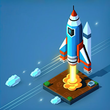 Cartoon isometric space rocket launch on blue sky background, Generative AIの素材